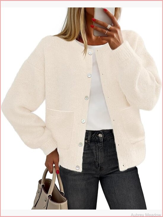 Sweaters - Long Sleeve Knit Cardigan Sweater Crewneck Button Open Front with Pockets